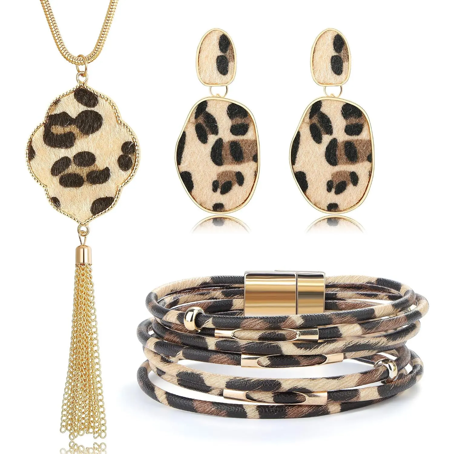 4-Piece Statement Leopard Print Jewelry Set for Women with Alloy Pendant Necklace, Drop Earrings, Ring, and Multi-Layered Faux Leather Cuff, Animals