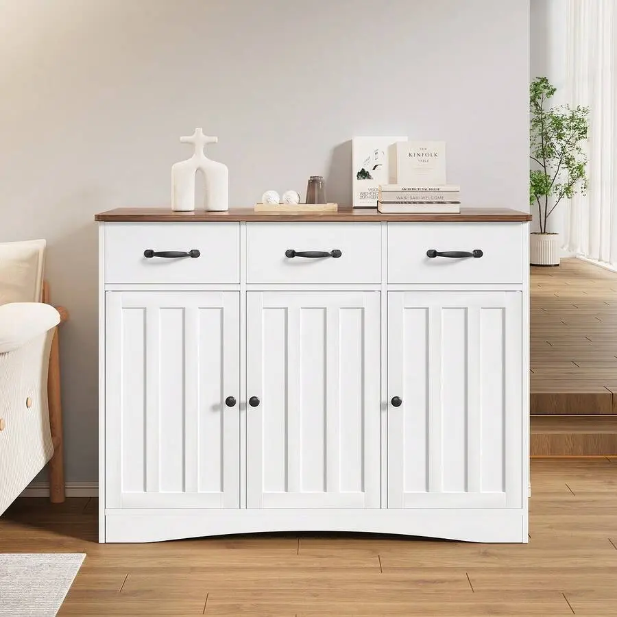 42.5in Farmhouse Storage Island - Emergency Storage Dining Room Furniture, 6 Shelves, 3 Drawers, Adjustable Shelves, Anti-Tip Device, Sideboard Buffet Cabinet for Living Room