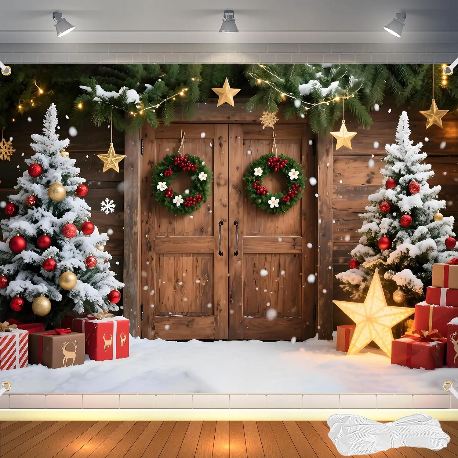 7x5FT Christmas Backdrop for Photography - Rustic Barn  Door with Xmas Tree & Snow Background, Fabric Christmas Backdrops for Wall with 6m Ribbon Holiday Photo Studio Decoration