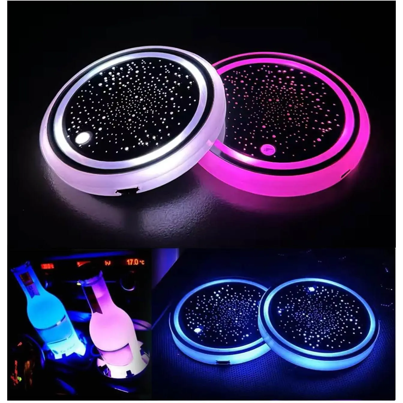 2 or 4PCS LED Car Cup Holder Lights, Light up Car Coasters for Cup Holders 7Colors Changing USB Charging Mat Waterproof Cup Pad, Car Gifts for Men & Women