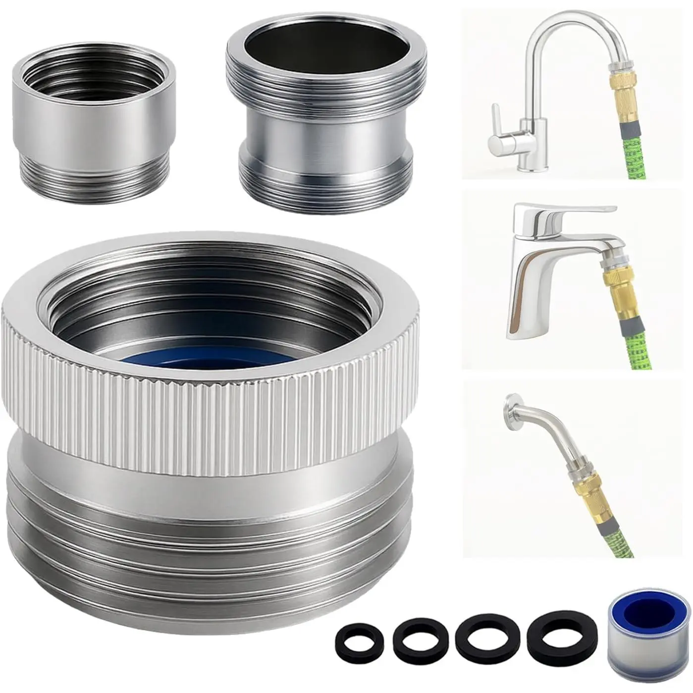 Faucet Adapter with Aerator, Chrome Brass Sink Faucet to Garden Hose Connector, Fits G1/2" Female, 55/64" Female, and 15/16" Male, Connects to 3/4" GHT Garden Hose, with Washers and PTFE Tape