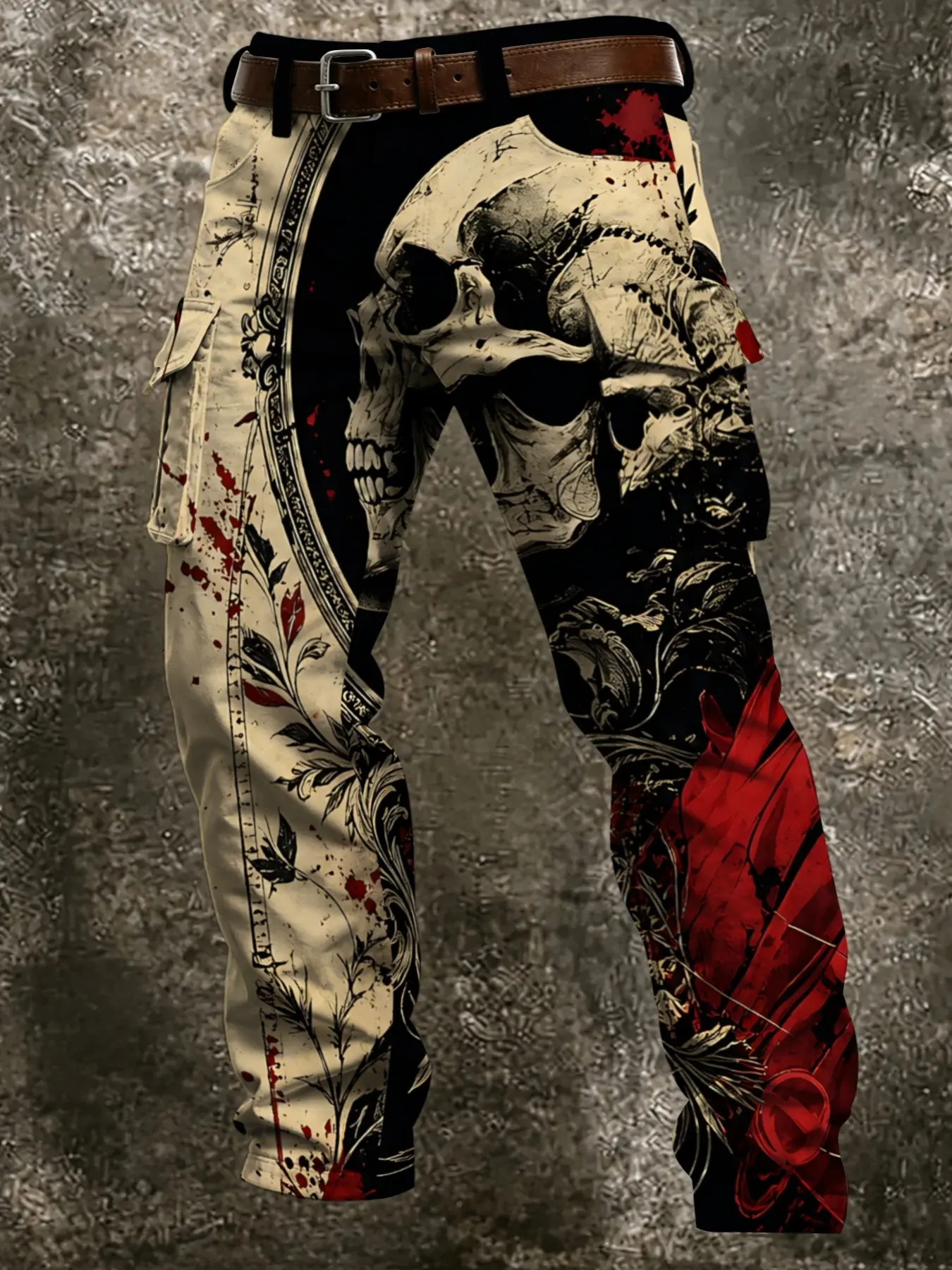Dark Retro Tattoo Workwear Pants, Large Capacity Flip Cover Side Pockets, Skull Floral Blood Pattern, American Street Style, Motorcycle Enthusiasts