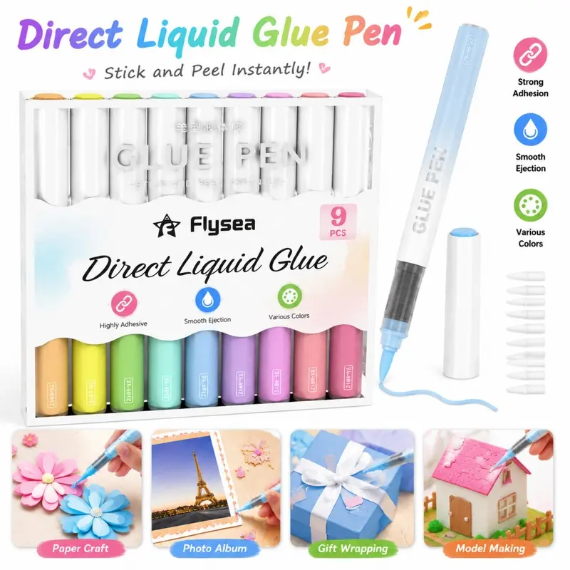 Liquid Glue Pen Set, 9 Quick Dry Colored Adhesive Pens with Precision Chisel Tips, Easy-Control Craft Glue for Scrapbooks, Journals, Greeting Cards and Paper Crafts