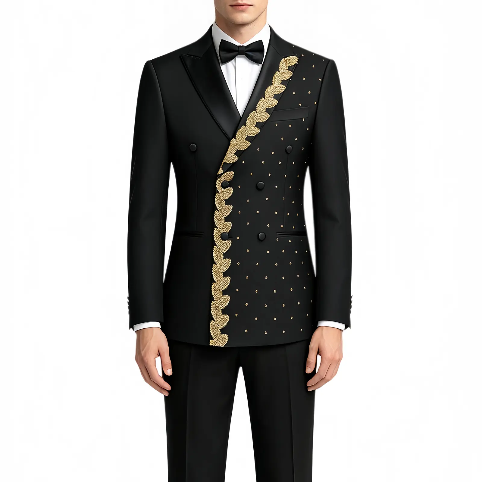Luxury 2‑piece Men Black Tuxedo with Gold Embroidery & Rhinestone Peak Lapel. Includes Jacket, Trousers & Free Black Bow Tie. Slim‑fit for Wedding, Prom and Formal Evening Occasions.