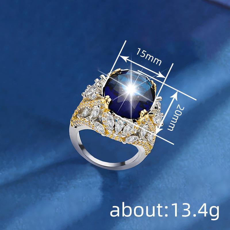 Regal Two-Tone Statement Ring for Women | Large Marquise-Ellipse Simulated Sapphire Ring | Vintage Royal Court Luxury Jewelry | Bold High-End Fashion Accessory