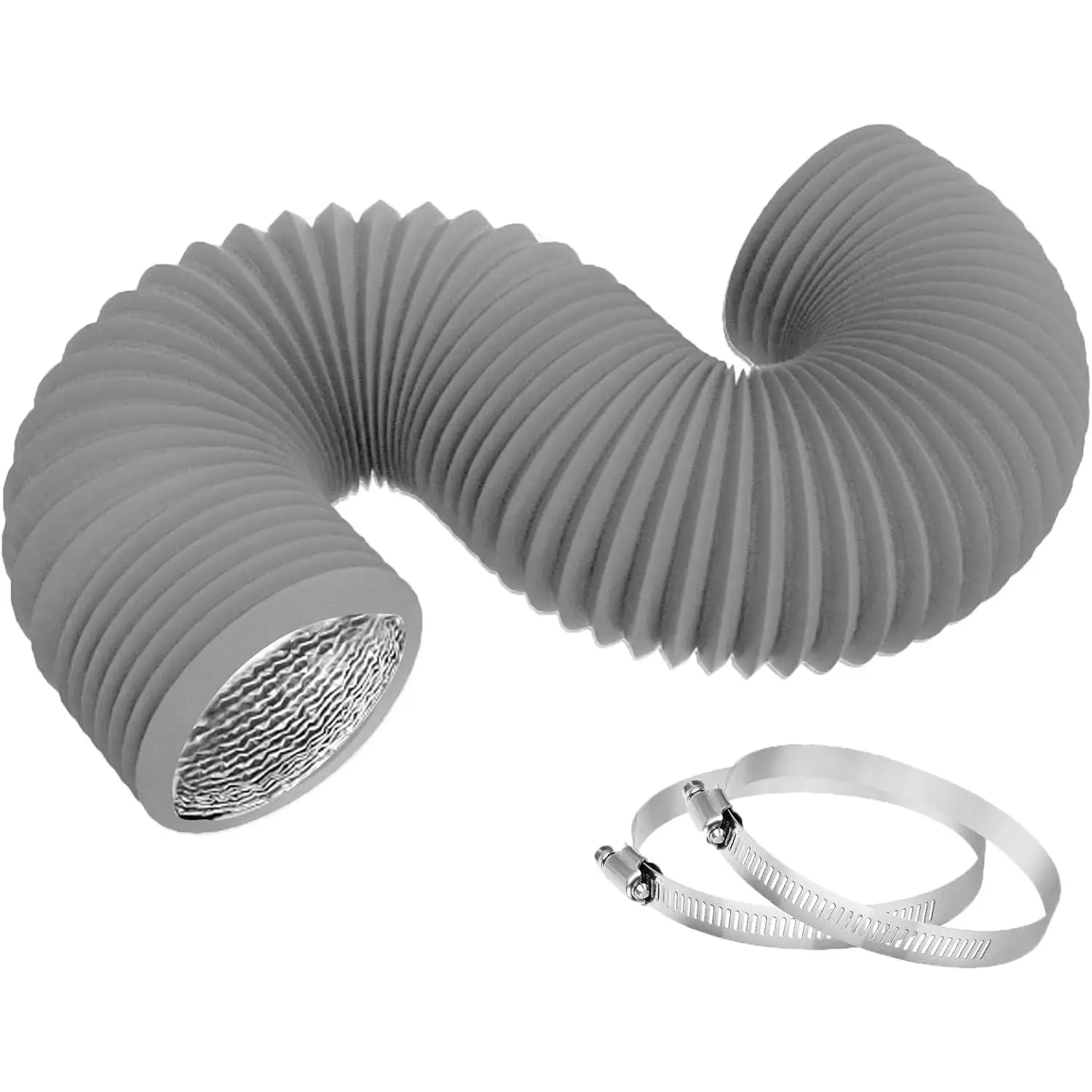 4 Inch 8FT Dryer Vent Hose,Flexible Insulated Air Ducting,Vent Hose PVC  Foil with 2 Clamps for HVAC Ventilation(Grey)