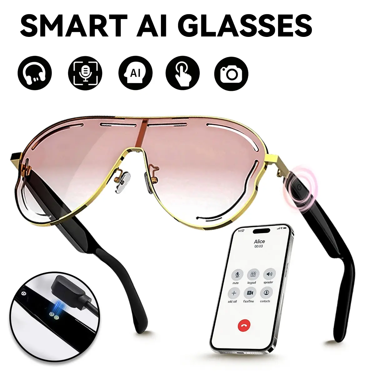 Smart Bluetooth Audio Sunglasses for Ladies, AI Real-Time Translation Eyewear, Open Ear Music, Smart Touch Operation, Pink UV Protection Lens Glasses for Driving Travel Shopping, Multifunctional Smart Glasses