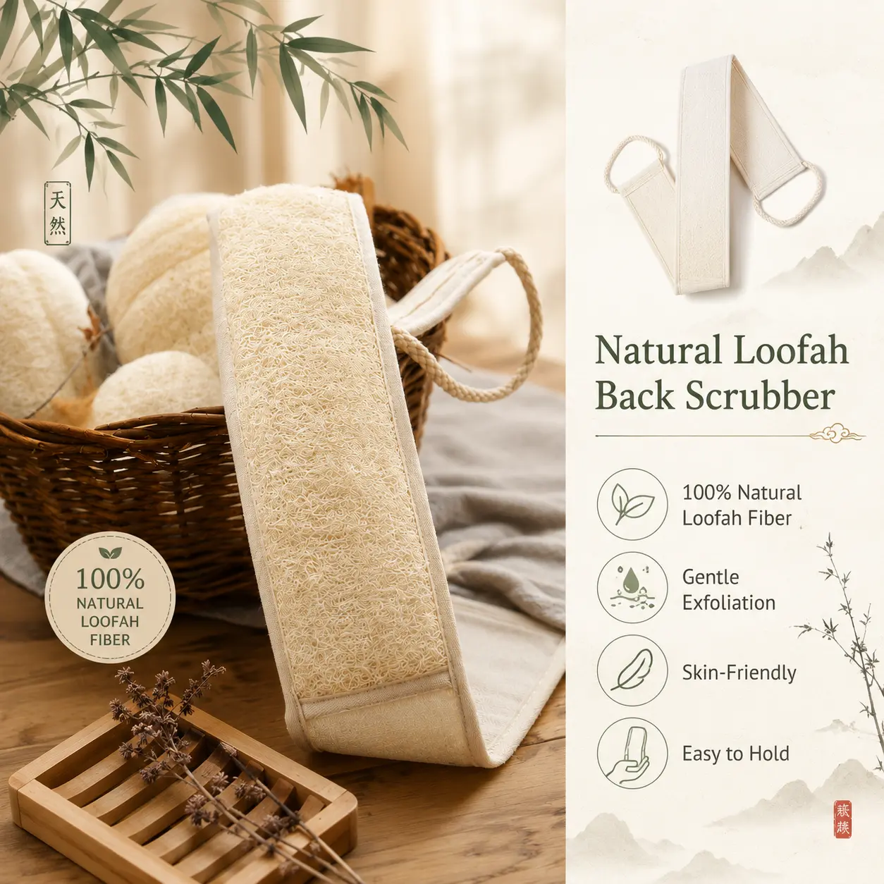 Ancient Wisdom Chinese Natural Plant Loofah Bath Scrubber - Oval Sponge Body Mitt with Pull Handles, Soft Bristles, Mesh Back Brush for Home Spa Indoor Recreation, Cleaning