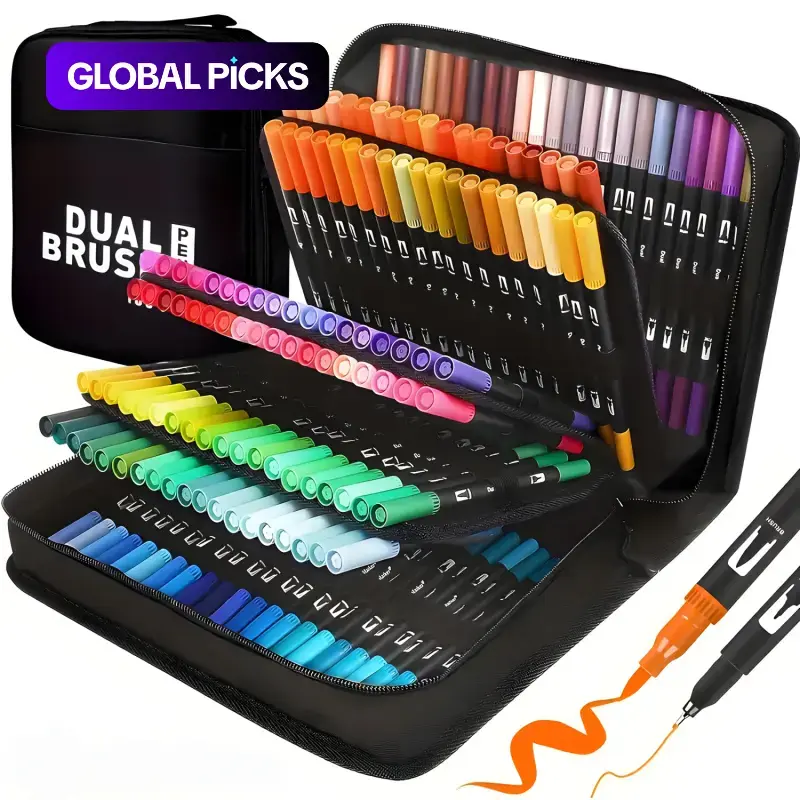 Art Supplier Dual Brush Markers Pens, Artist Coloring Marker Set, Coloring Materials Set, Fineliner & Brush Tip Pen with Premium Case for Adults Coloring Books Journal, Drawing, Doodlin,Art Supplies #GLOBAL PICKS