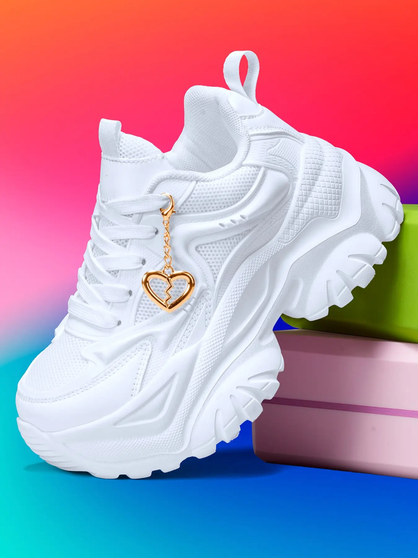 Women's Thick Sole 7cm Sports Shoes, Eva Lightweight Comfortable Fashion Dad Sneakers, Detachable Gold Heart Charm, All Season Outdoor Use