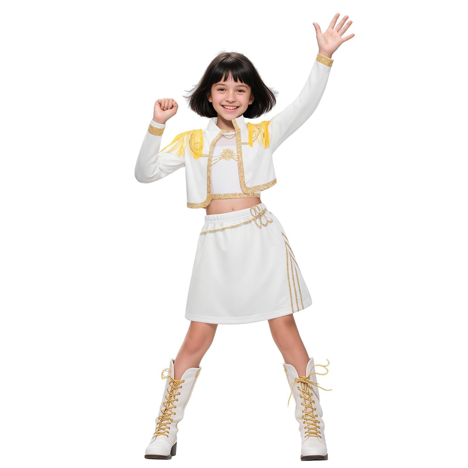 Girls’ 3-Piece Halloween Performance Costume Set, Printed Split Mesh Top and Matching Bottoms, Girls Dance Stage Party Role-Play Outfit Girls’ 3-Piece Halloween Performance Costume Set, Printed Split Mesh Top and Matching Bottoms, Girls Dance Stage Party Role-Play Outfit