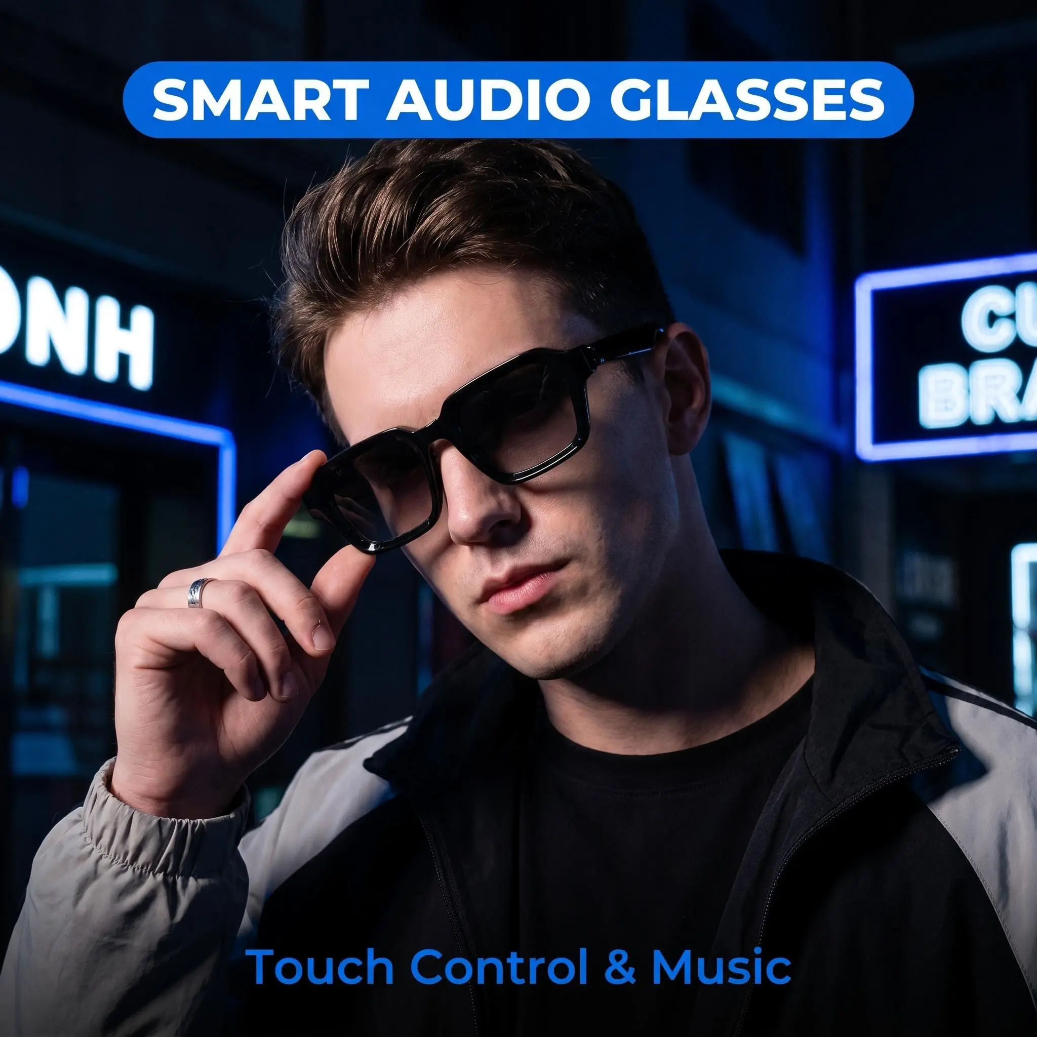 VA-18 Square Smart Glasses - Bluetooth 5.4 Wearable Audio Sunglasses, Hands-Free USB-Compatible Outdoor Gadget for Android Devices, Fishing, Hiking, Surfing, Casual Use