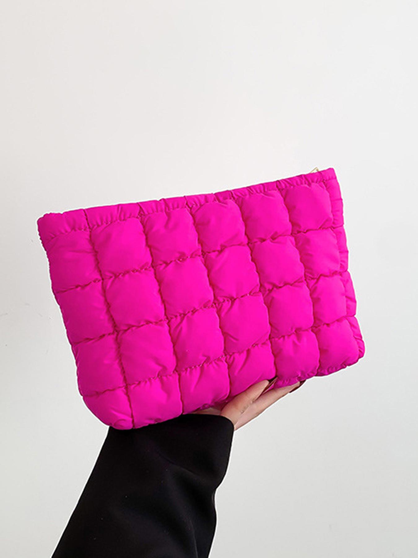 Solid color quilted design clutch bag, large capacity zipper travel storage bag, women's portable travel storage bag, back to school season, suitable for daily commuting and travel, school portable bag, Quilted Purse