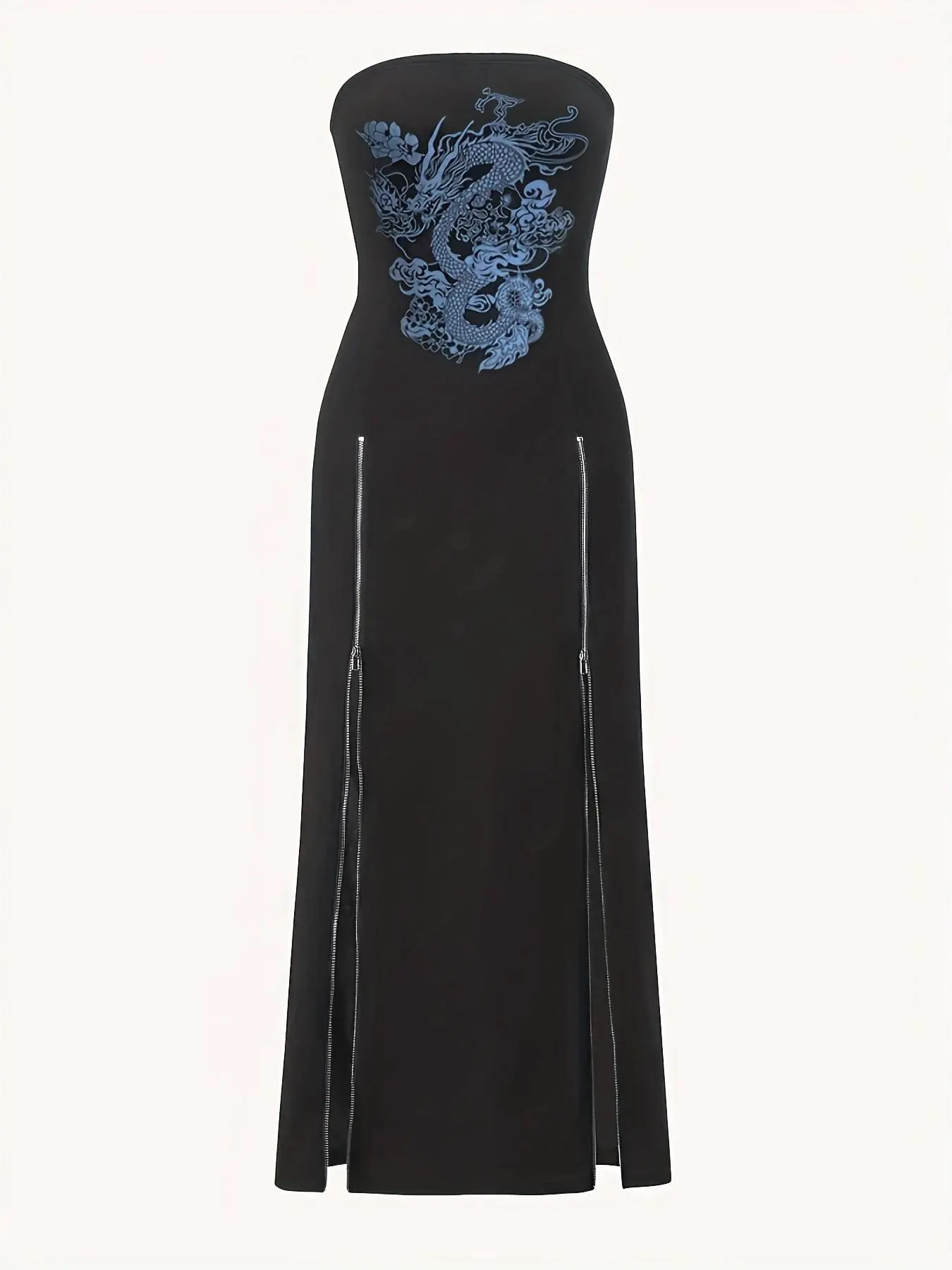 New Traditional Dragon Pattern Halter Long Dress for Women, Metal Zipper Split Design, Slimming Sexy Long Dress, Maxi
