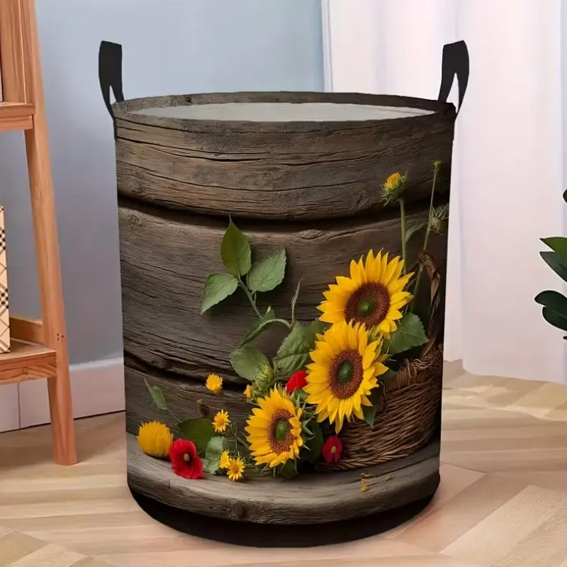 1pc Rustic Wood Grain Sunflower Clothes Basket - Foldable Round Storage Hamper with Handle, Portable Barrel Suitable for Bathroom, Bedroom Organizer Bin, Decorative Laundry Basket for Men And Women, Laundry Baskets