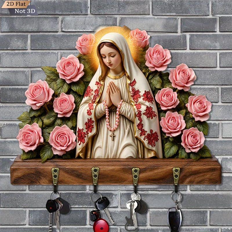 Wall Key Holder with Hooks – Wooden Virgin Mary & Baby Jesus Rose Design, Decorative Wall-Mounted Key Rack with 4 Hooks, Vintage Religious Home Decor for Entryway, Hallway & Living Room