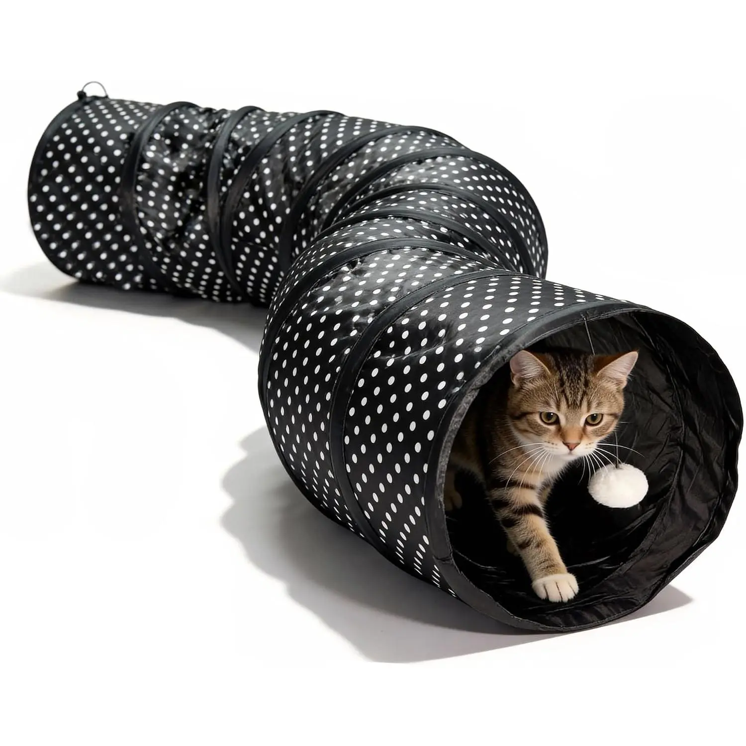 Collapsible Polka Dot Cat Fabric Tube - Small Indoor Interactive Play Toy for Cats & Kittens with Hanging Ball, Peekaboo Holes for Feline Entertainment
