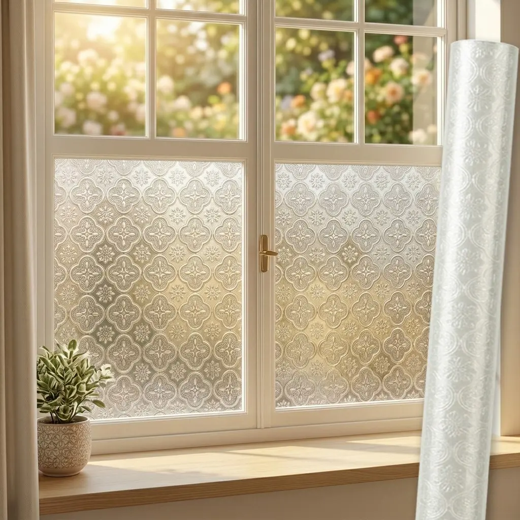 3D Embossed Glass Film, Window Decals for Glass Windows, Privacy Protection, UV Blocking, Self-Adhesive, Retro Pattern, Room Decor, Easy Install, Reusable