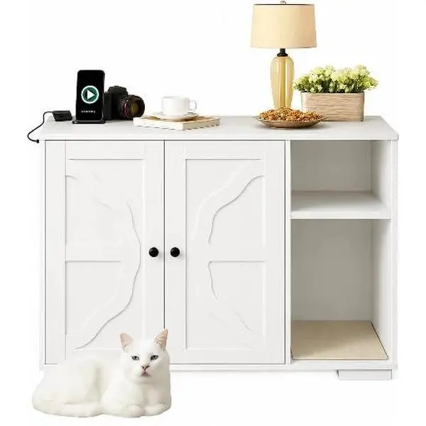 Modern Cat Litter Box Enclosure Cabinet with Built-in Power Outlet, Dog-Proof Separate Shelf, Large Hidden Cat Washroom Furniture with Scratch Resistant Pad, Side End Table Fits 3/4 Automatic Litter Boxes for Indoor Use