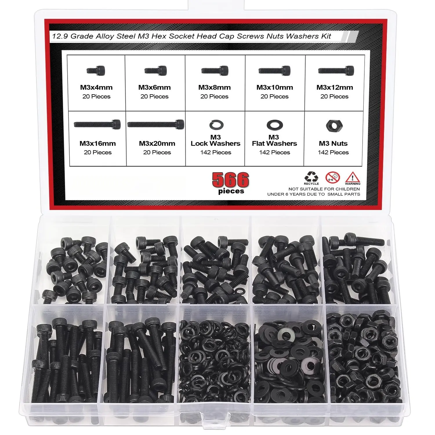 566 count M3 Black Screws, 12.9 Grade Alloy Steel M3x 4/6 /8/10 /12/16 /20mm Hex Socket  Cap Screws  Nuts Washers  Kit