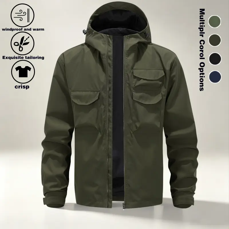 Multi pocket workwear, men's spring and autumn loose hooded outdoor windproof mountaineering jacket, versatile jacket