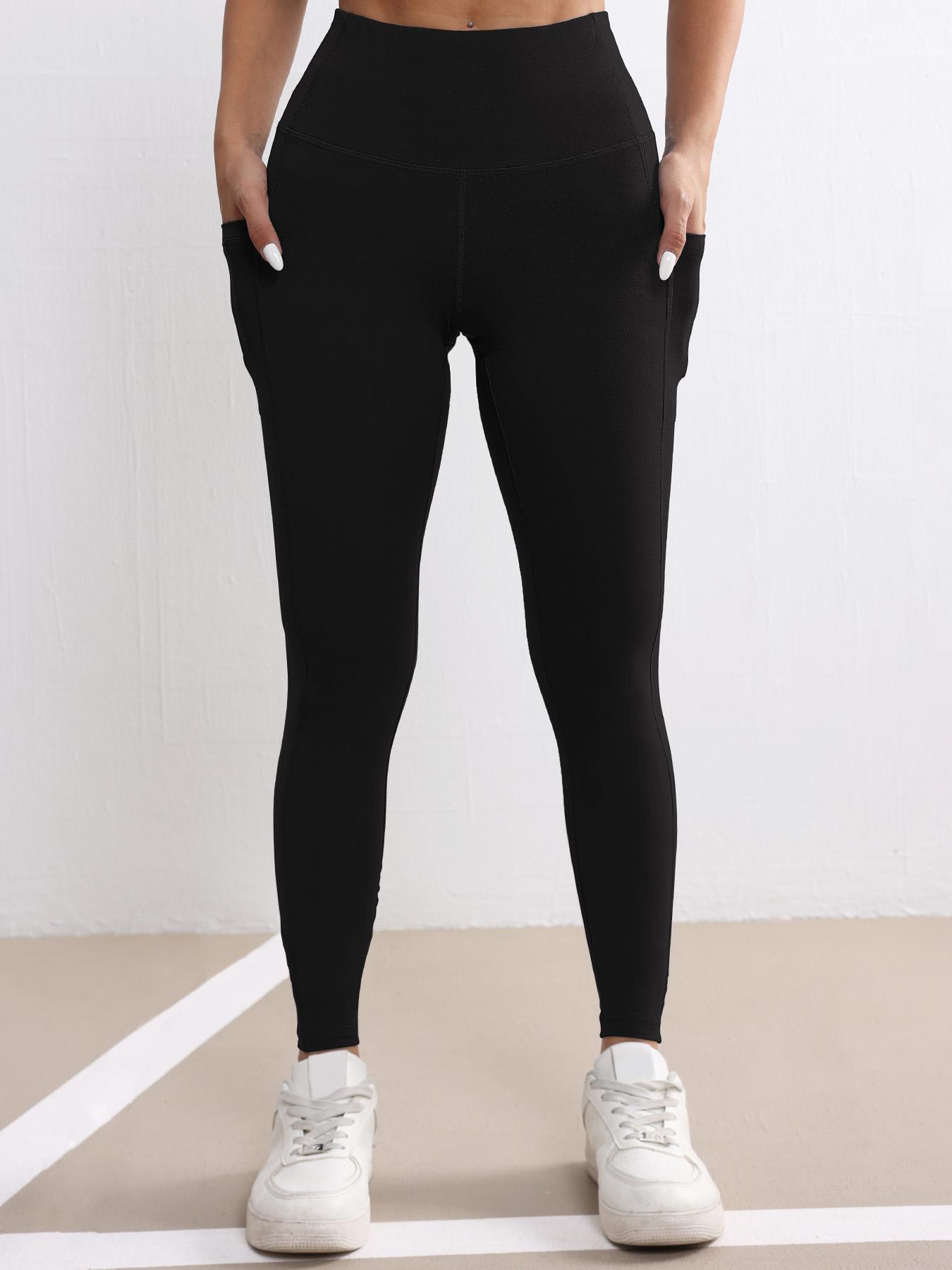 High Waist Pocket Women's Sporty Tight Pants, Solid Color Versatile Fitness Base Layer Yoga Pants, Comfortable Workout Leggings, Gym Fitness Leggings