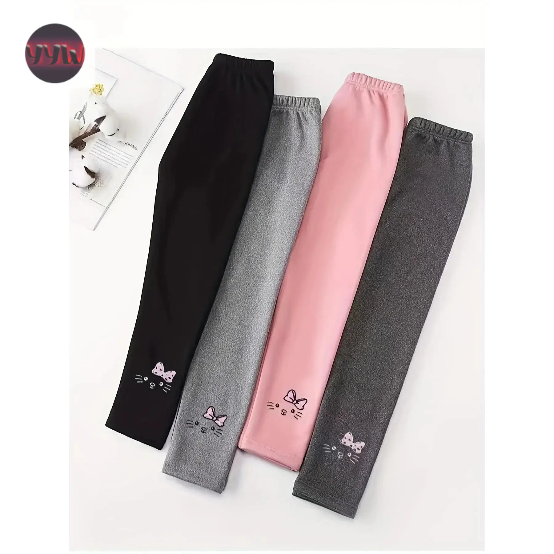 YYW1 Girls' Regular Fit Long Legs Basic Look Cartoon Print Fleece-Lined Thermal Pants, 4-Piece Seamless Thick Bottoms Set, Casual Outing