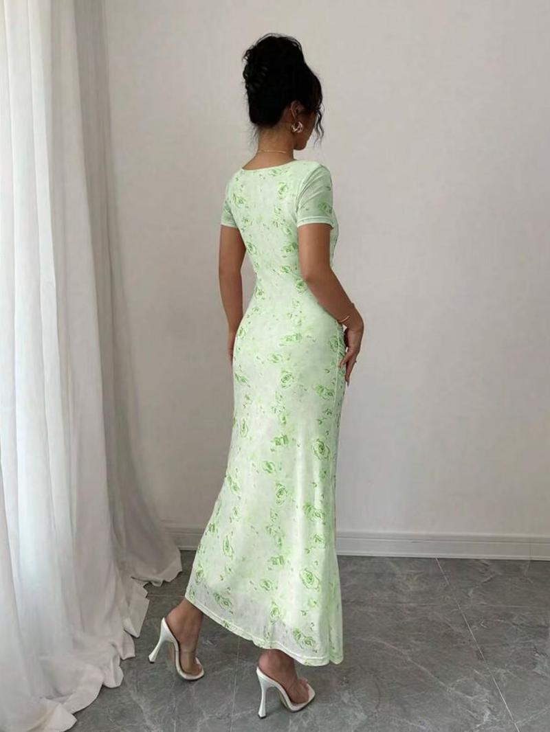 Women's Floral Print Dress, Elegant Dresses, Chic Elegant Aesthetic Short Sleeve Dress for Party Holiday Wedding Guest, Ladies Clothes for Summer, Womenswear