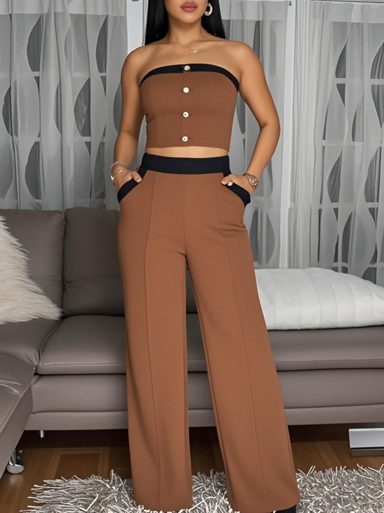 Women's Colorblock Crop Tube Top & High Waist Wide Leg Pants Two-piece Set, Casual Fashion Cozy Two Piece Outfits for Daily Outdoor Wear, Ladies Clothes for Summer, Office Siren Outfits, Womenswear