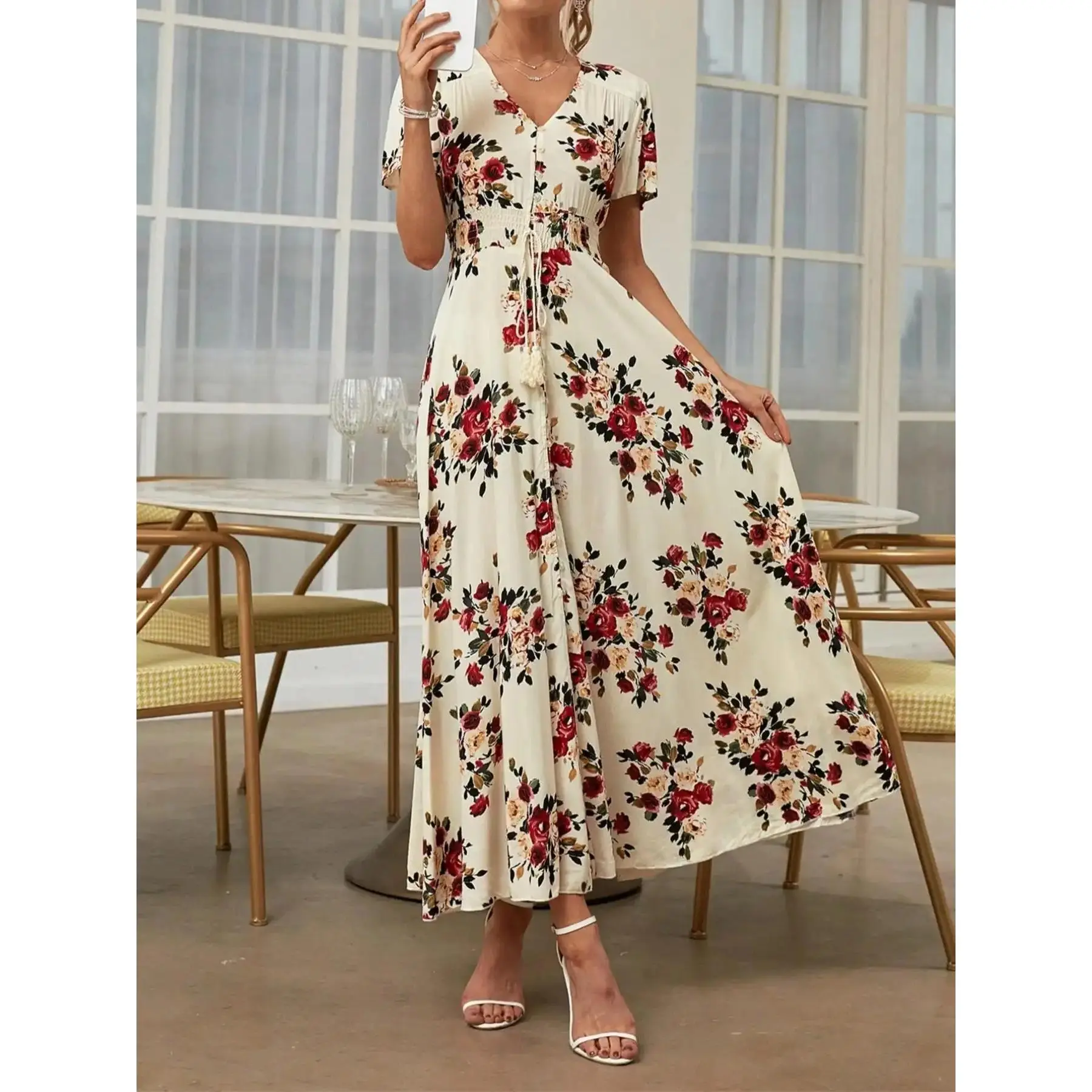 2026 Women's Casual Versatile Clothing, Suitable for Spring, Summer, and Autumn, Vacation and Parties. Elegant fit, comfortable, cute women's wear with a round neck and sleeveless maxi dress for holidays. Bohemian Boho Short-Sleeve Multicolor Dress.