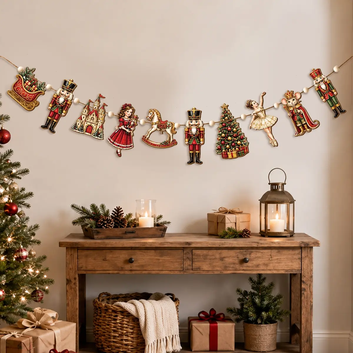 1set Wooden Nutcracker Garland Vintage Christmas Hanging Banner Nutcracker Ballerina Mouse King Rocking Horse Castle Sleigh Pattern Fireplace Mantel Wall Decor Xmas Holiday Party Decorations Indoor Home Ornament