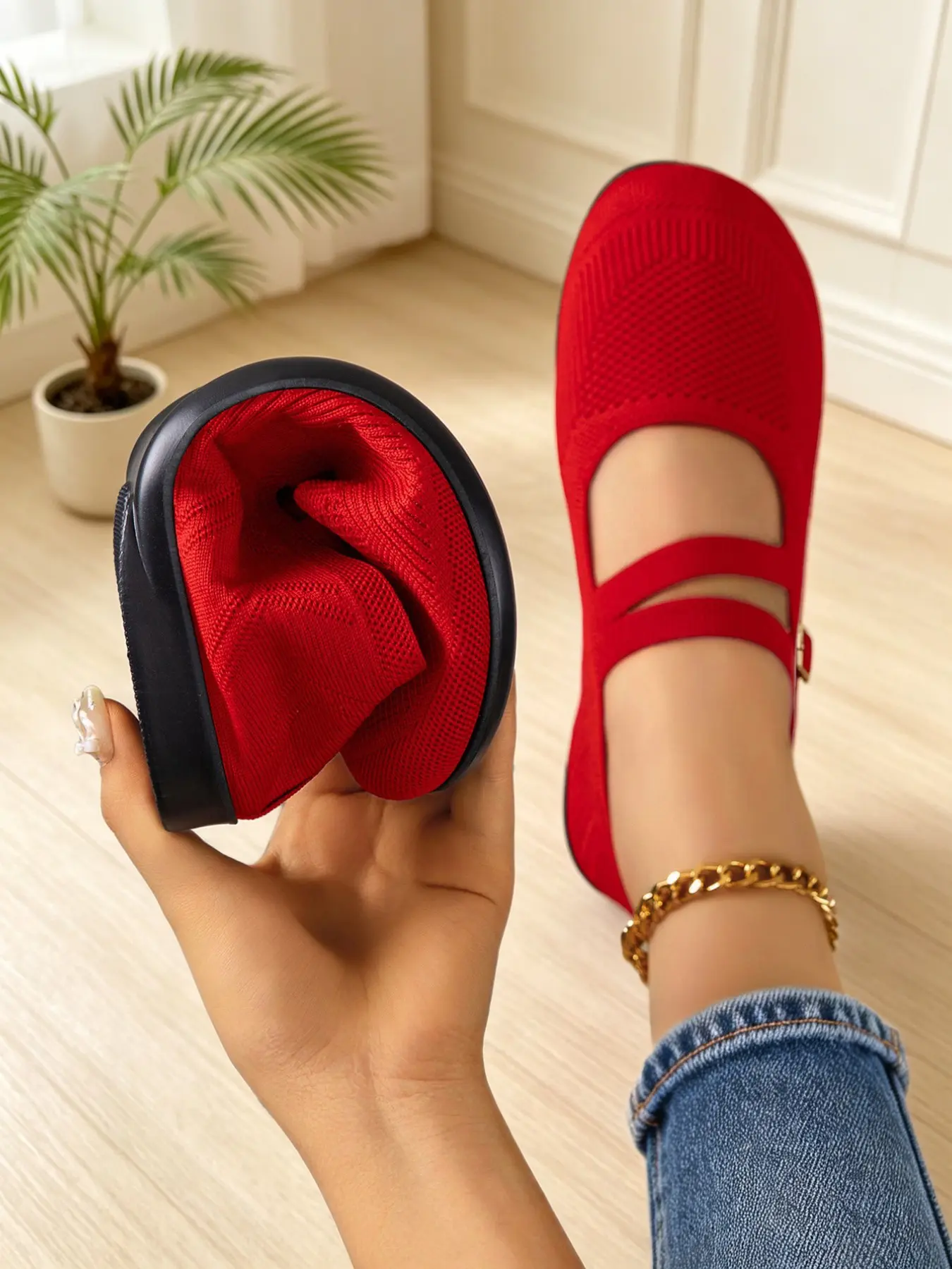 6 Solid Color Women Dual Elastic Strap Hollow Fly Knit Mary Jane Flat Loafers, Soft Foldable Light Breathable Mesh Slip On Casual Flats Walking Shoes All Season Daily Wear Breathable Slip Ons