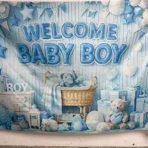 1PC, Welcome male baby polyester background fabric banner, Party background decoration, with blue theme baby baptism style, suitable for living room, bedroom, birthday, anniversary, outdoor and indoor parties, photography background fabric
