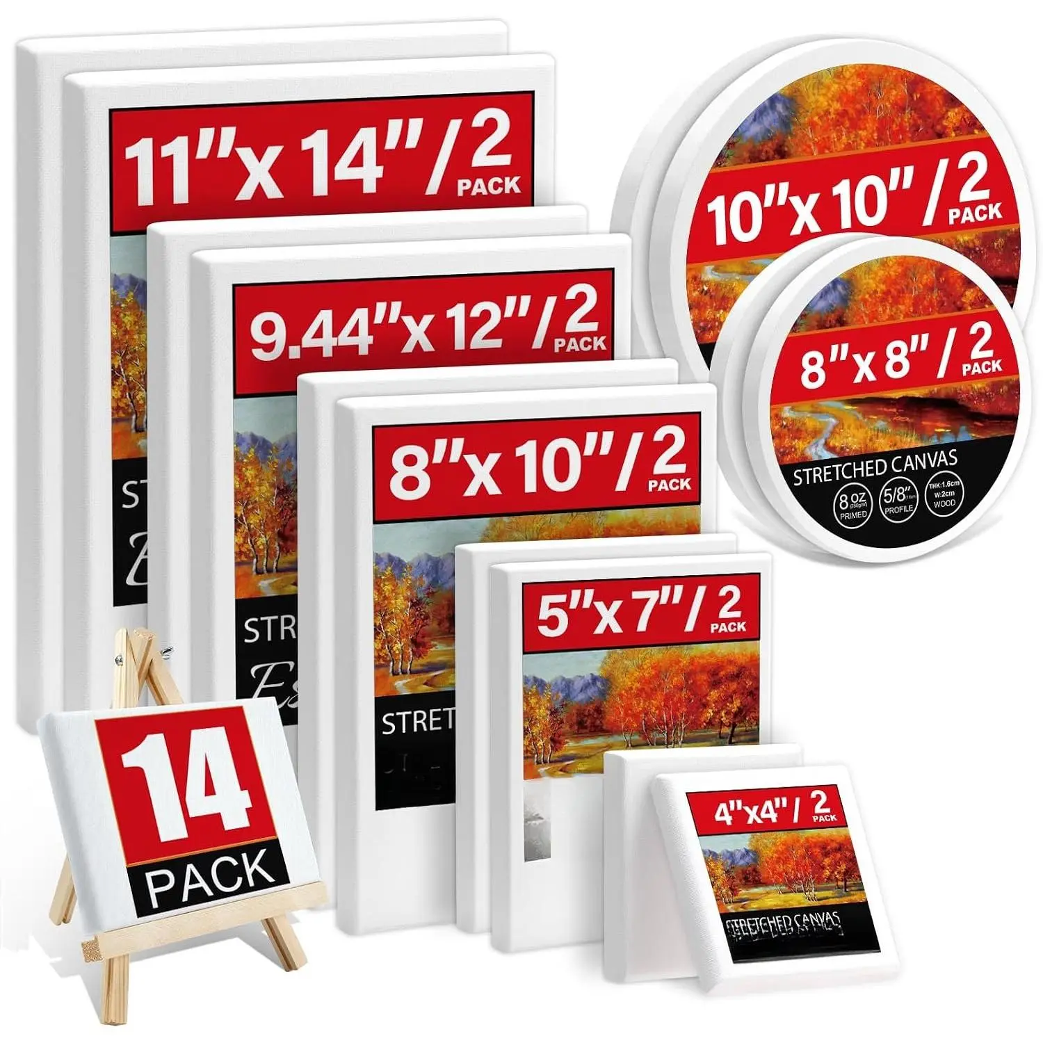 14 Packs Stretched Canvases for Painting, Multi Pack 11x14, 9.44x12, 8x10, 5x7, 4x4, Round Canvas with 8x8,10x10(2 of Each), Blank Primed Canvas, for Oil ,  , for Beginners, Artists.