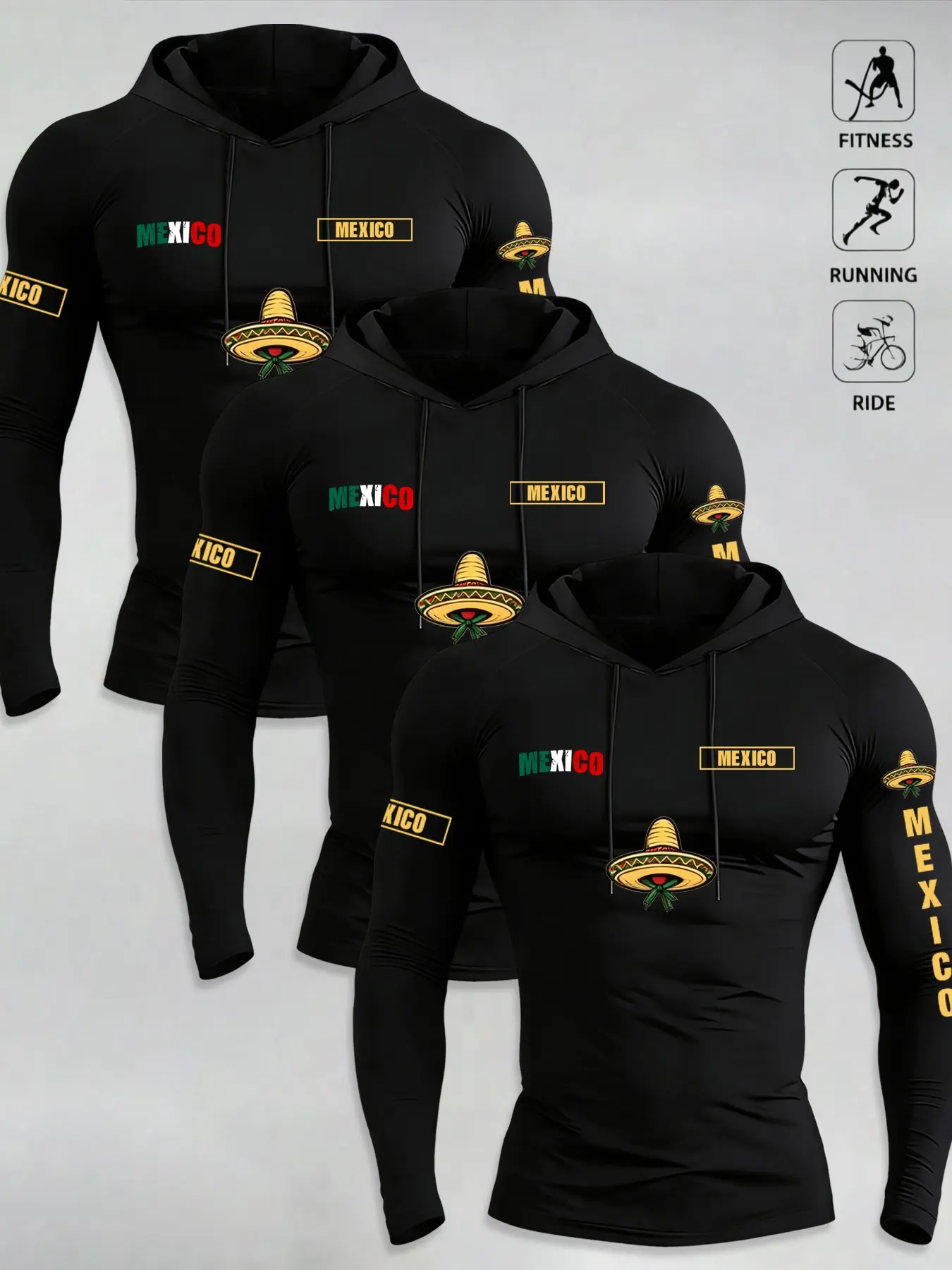 3 Piece Set Mexican Wide Brim Hat Print Hooded Tight Fit Quick Dry Long Sleeve Workout Clothes, American Latin Casual Sports Style, Men's Running Cycling Training Top