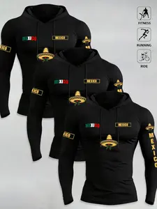 3 Piece Set Mexican Wide Brim Hat Print Hooded Tight Fit Quick Dry Long Sleeve Workout Clothes, American Latin Sports Style, Men's Running Cycling Training Top