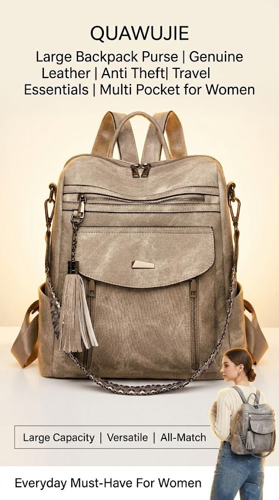 【QUAWUJIE】Designer Backpack Purse Large Leather Daily Use Bag Waterproof Work Travel for Women Girls