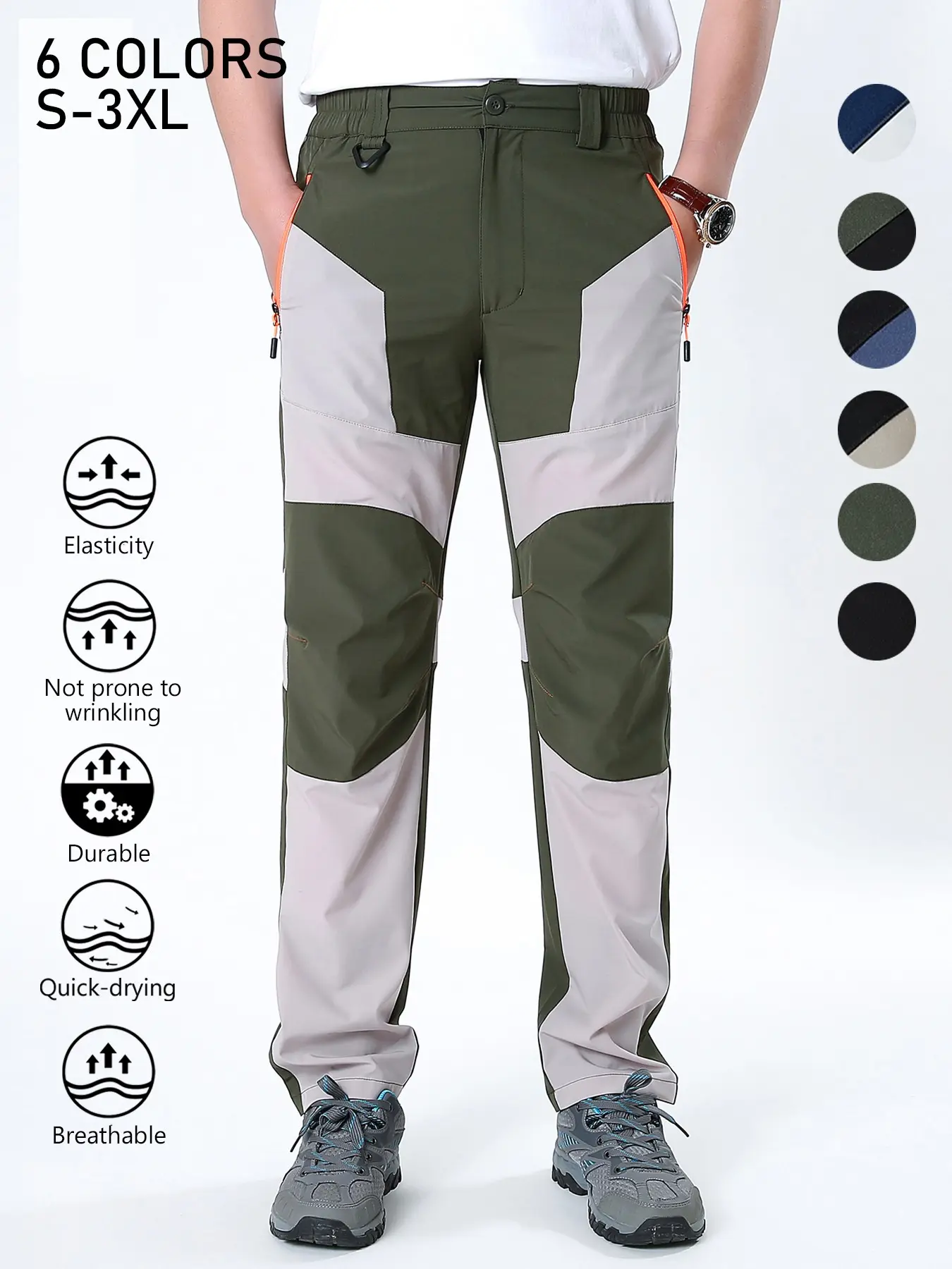 Men's Color Block Quick Dry Hiking Pants, Elastic Waist Breathable Stretch Outdoor Trekking Trousers, Wrinkle Resistant Durable Straight Pants with Zipper Pockets for Mountaineering Cycling Fishing Summer Sports Daily Wear, 6 Colors Available Sizes S-3XL