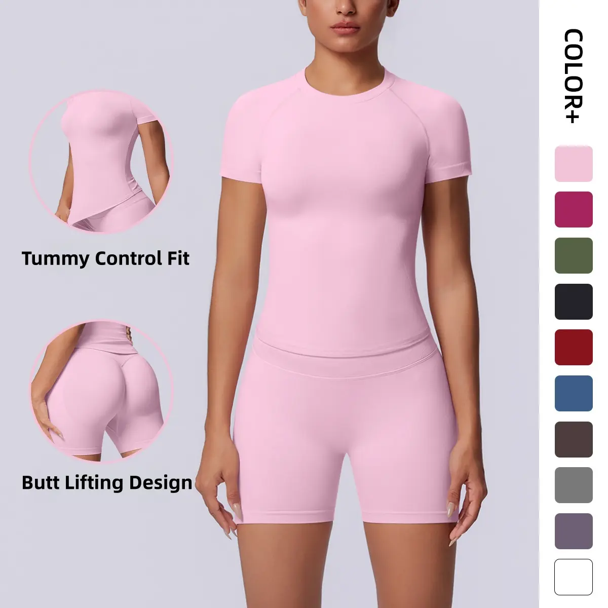 Women’s Seamless Solid Color 2-Piece Breathable Sports Set, Crew Neck Raglan Short Sleeve Top & High Rise Stretch Biker Shorts, Gym Yoga Clothing for Yoga, Running, Daily Casual Lounging, 2 Piece Sets, Workout Sets Women
