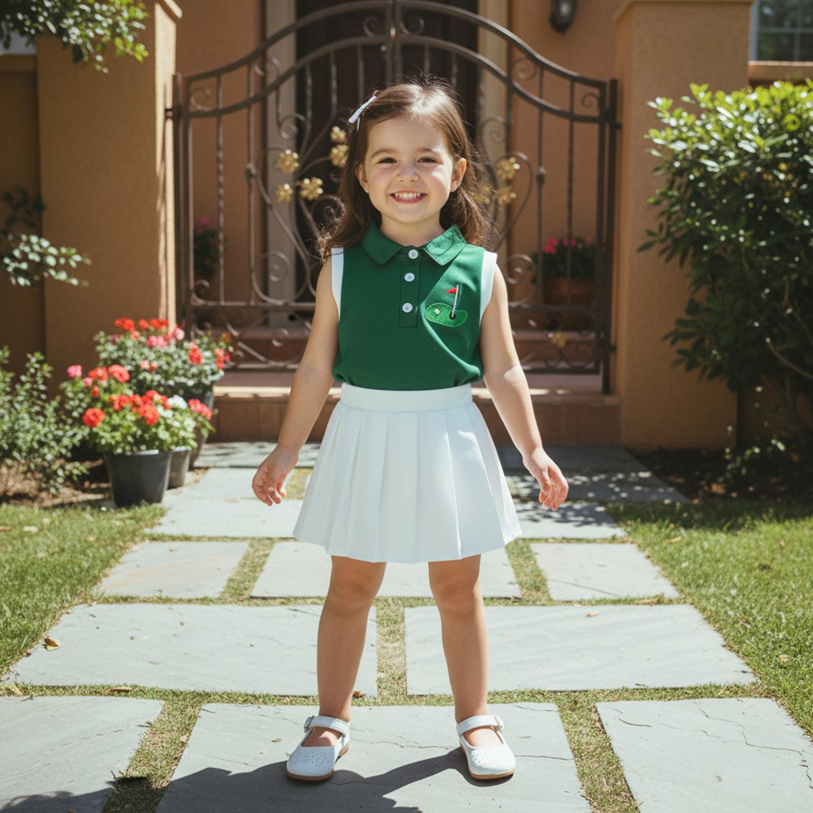 Toddler Baby girl Golf Outfit Sleeveless Collared Golfing Theme Embroidery Tank Top Pleated Skirts Set Summer Clothes