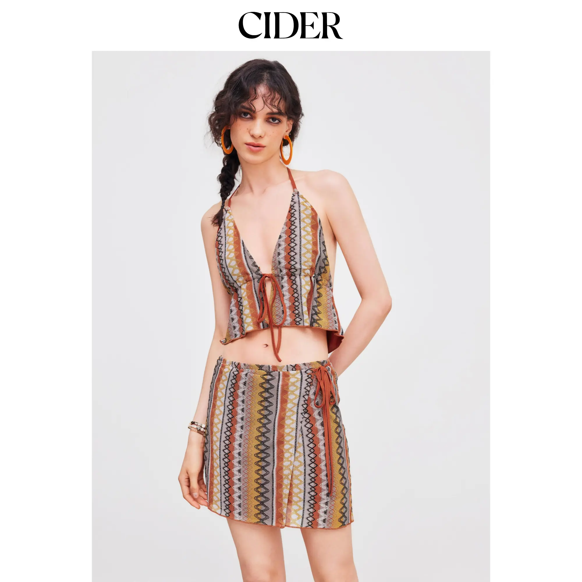 Cider [size 2-10] Halter V-neck Aztec Crop Top & Low Rise Aztec Knotted Mini Skirt