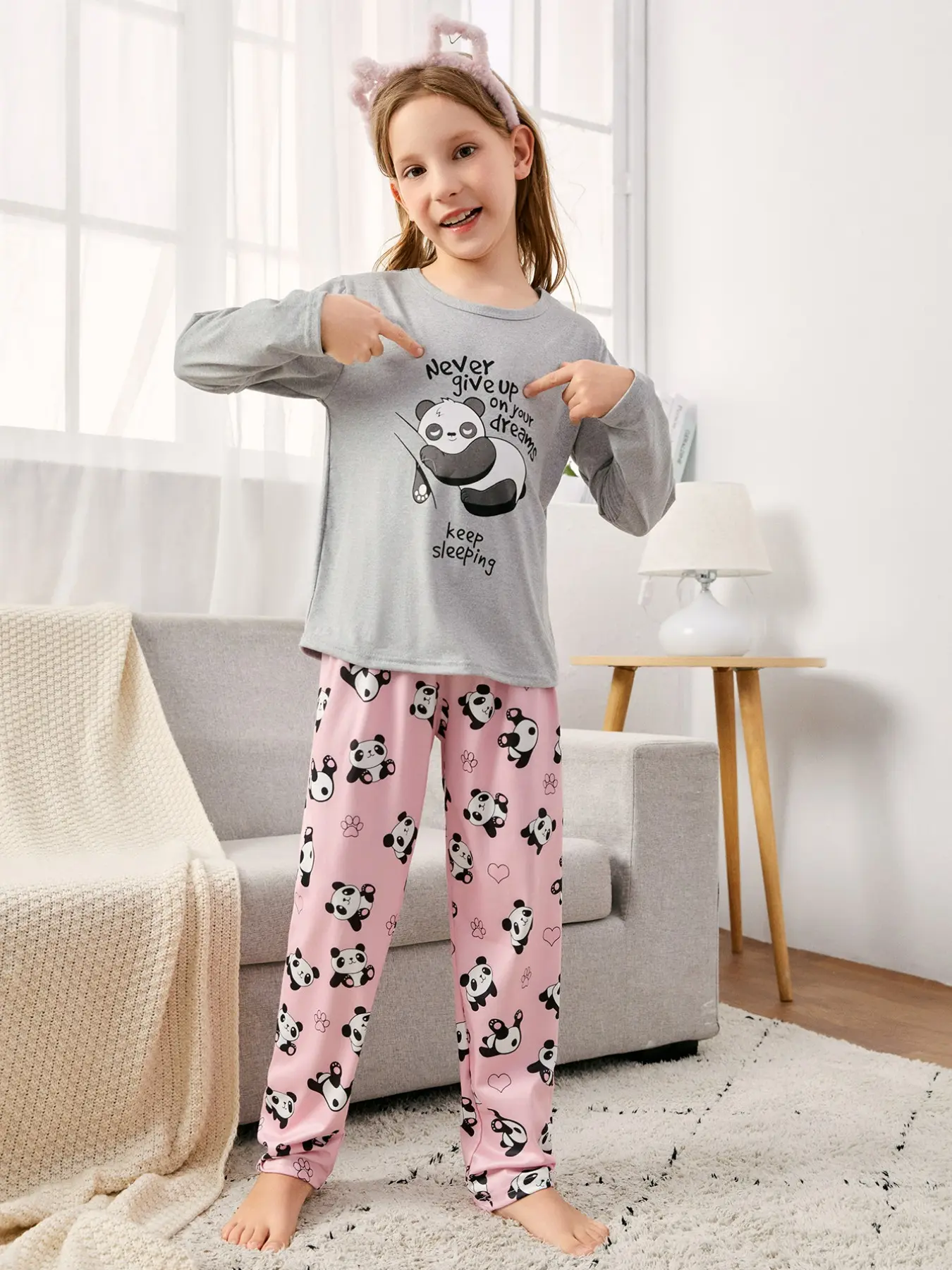 Adorable Panda Round Neck Pajama Set, Two-Piece Home Wear, Soft and Cozy Sleepwear for Kids, Perfect Gift for Little Ones