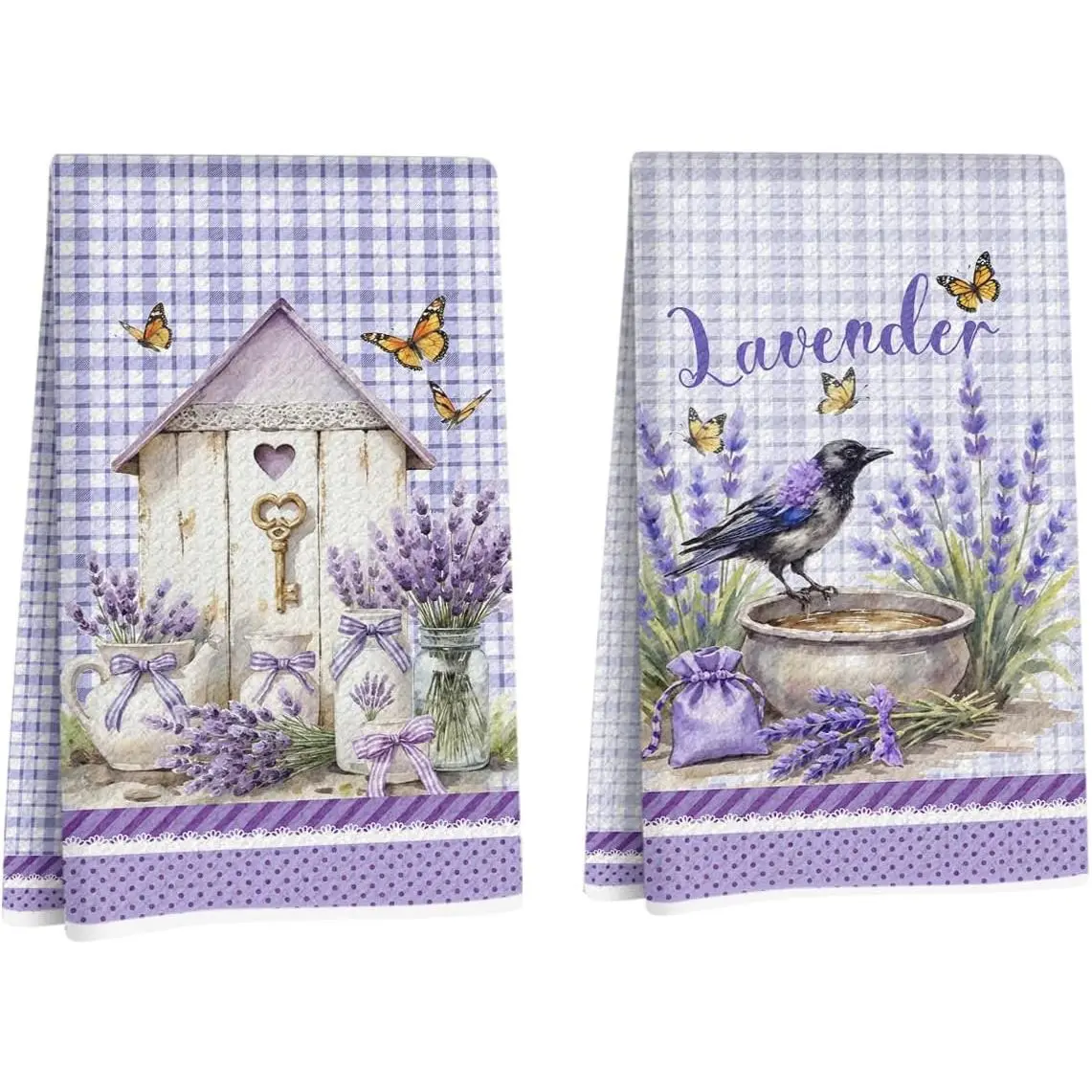 2 Pcs Watercolor Lavender Towels, Purple Decorative Absorbent Microfiber Dish Cloth Tea, Checkered Waffle Soft Hand Towels for Farmhouse Home Decor, Housewarming Gifts