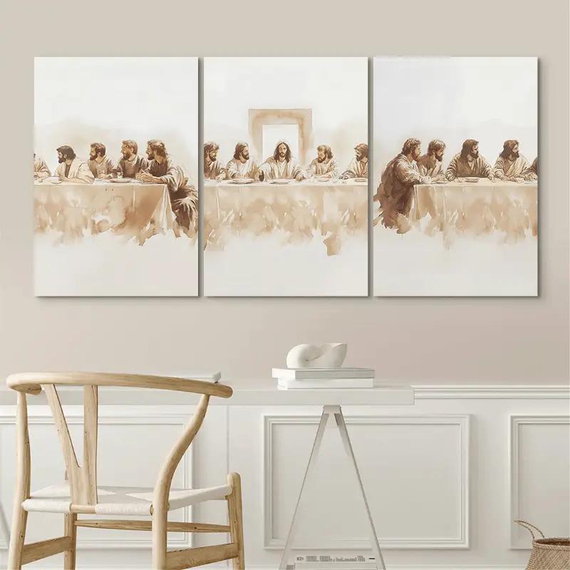 3pcs Set of Wood-Framed Canvas Art "The Last Supper" - Minimalist Modern Jesus Poster for Christian Farmhouse Wall Decor, Home Decoration, Room Décor  (Includes Frame)