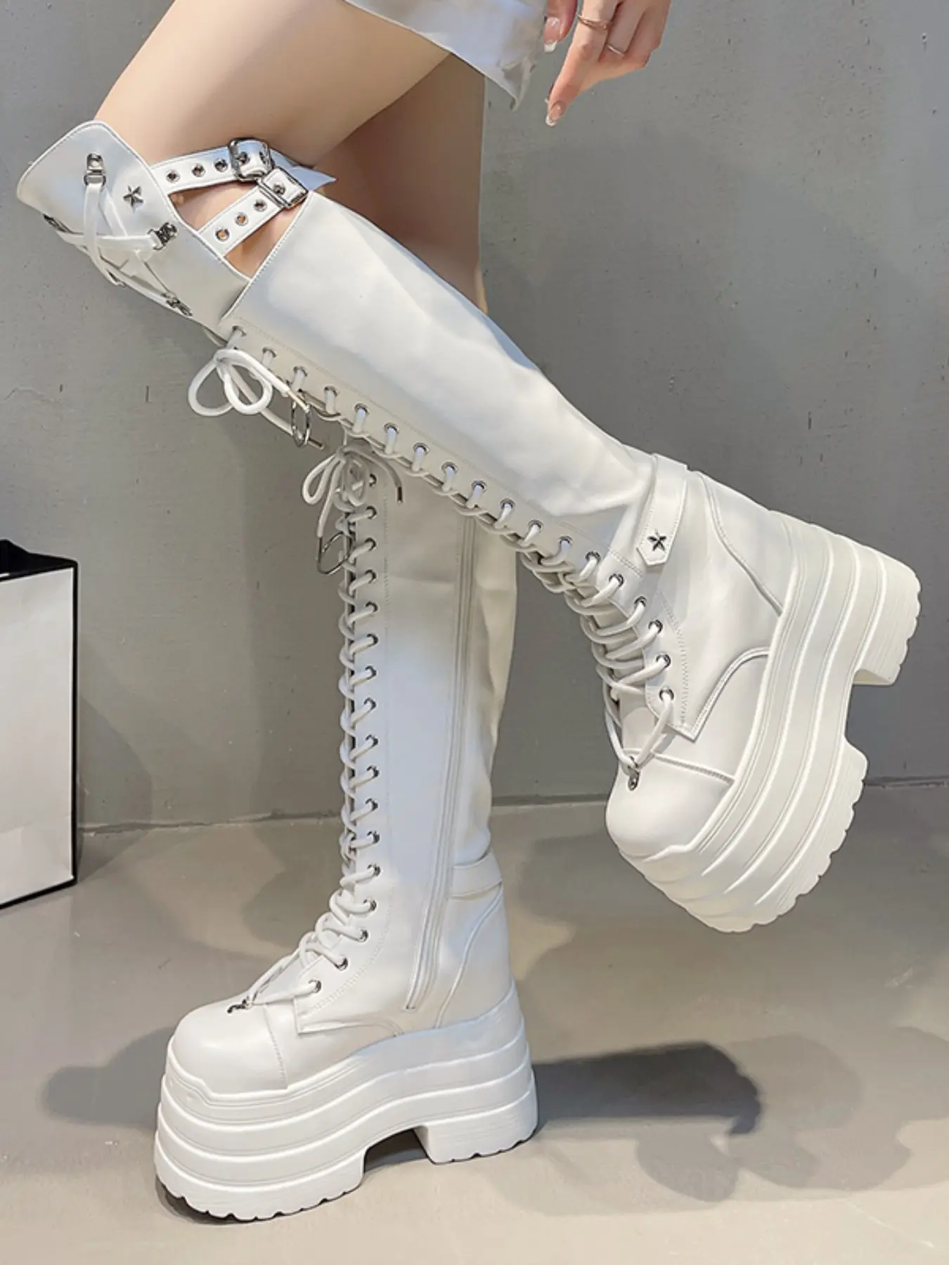 Women's Platform Over-The-Knee Boots, Punk Thick Sole Laces Motorcycle Boots, Star Buckle Gothic Style Tall Boots, Gothic Fashion, Platform Boots, Footwear
