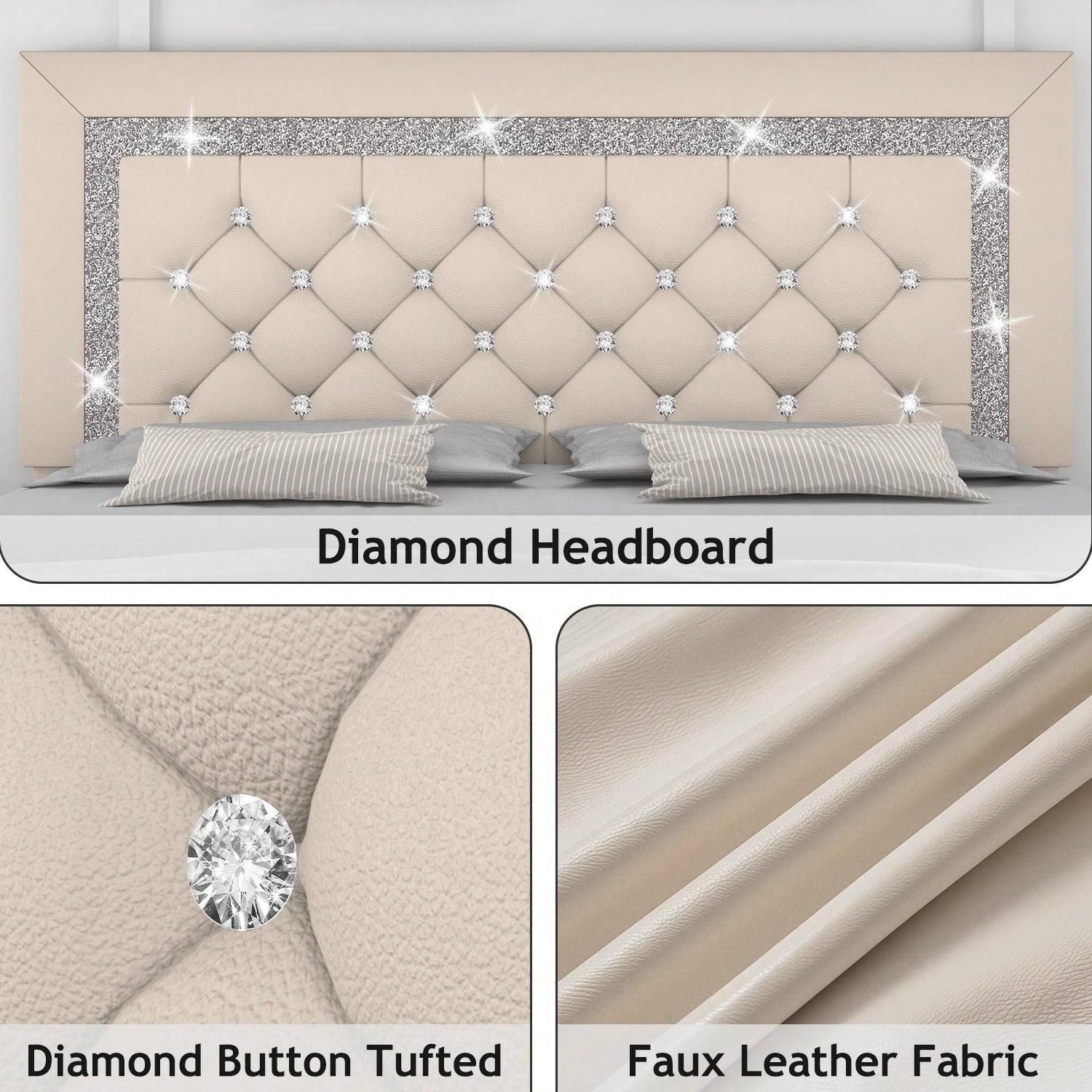 Twin/ Full/ Queen/ King Size Bed Frame, Upholstered Bed Frame With Diamond Headboard And Footboard, Pearl White/ Beige/ Black/ Grey/ Pink/ Purple/ Green