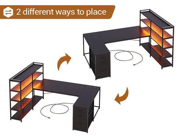 Sikaic 64.5 Inches Reversible U Shaped LED Gaming Desk with RGB Light, 5-Tier Storage, USB Ports, Black Home Office Furniture