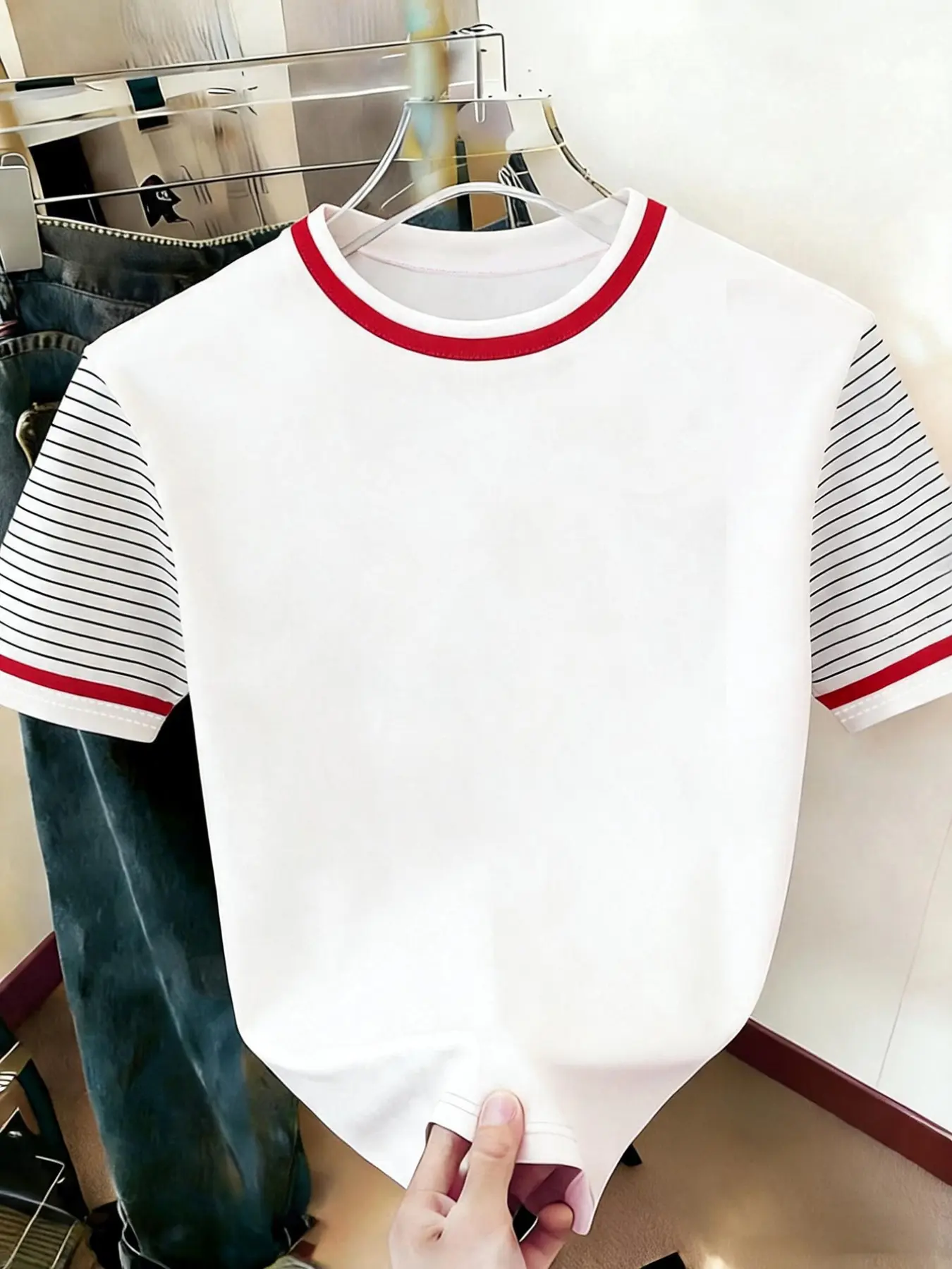 Spring Summer Colorblock Striped Round Neck Short Sleeve Women's Basic T-Shirt, Loose Fit Vintage College Style, Casual Fashion for Daily Wear
