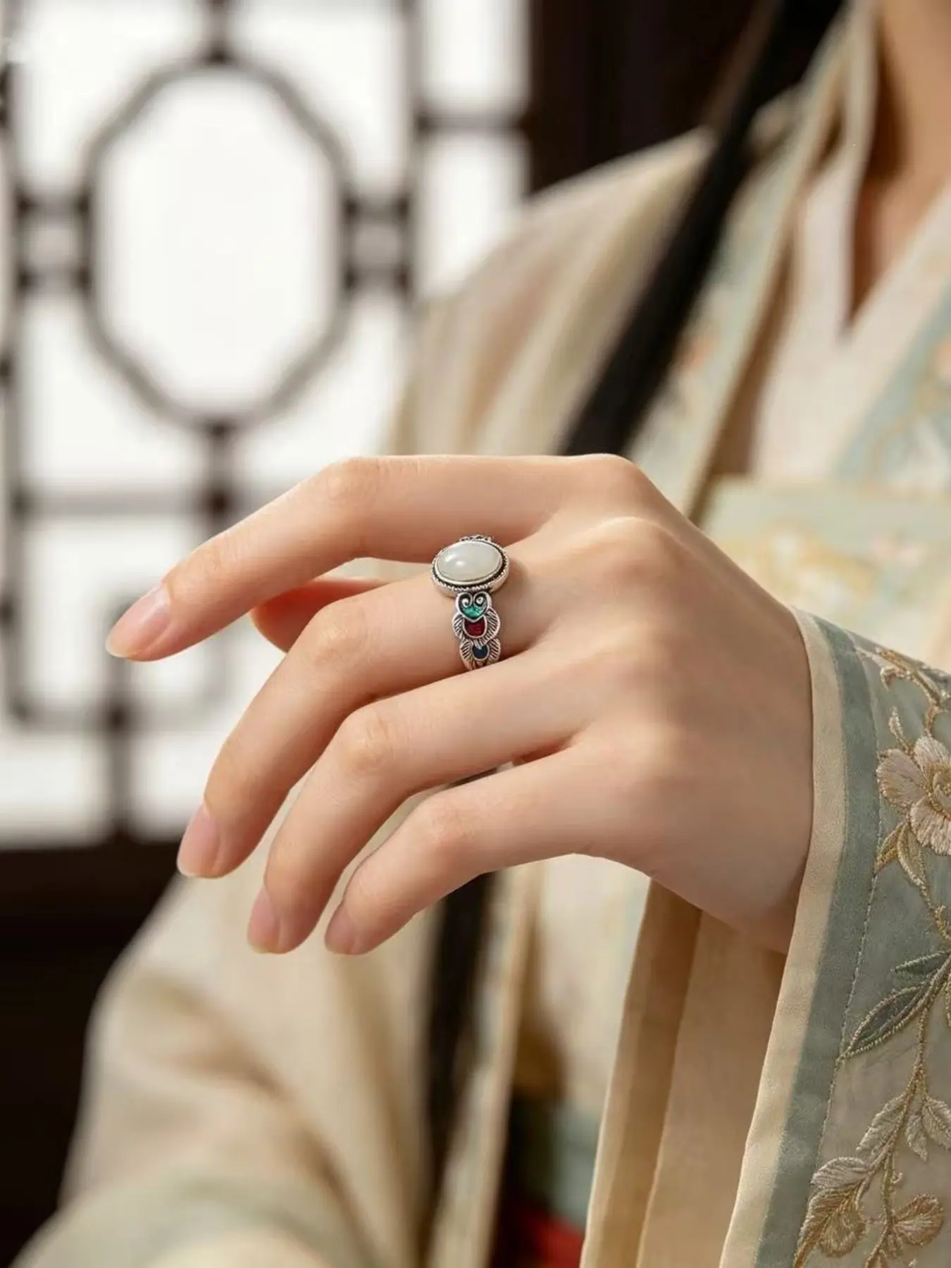 Unique Tibetan Bohemian Chinese style jewelry, using traditional carving and colored enamel inlay techniques. 3 oval gemstones to choose from: Red Coral, Black Agate&White Jade. Open adjustable ring suitable for most finger sizes/daily wear
