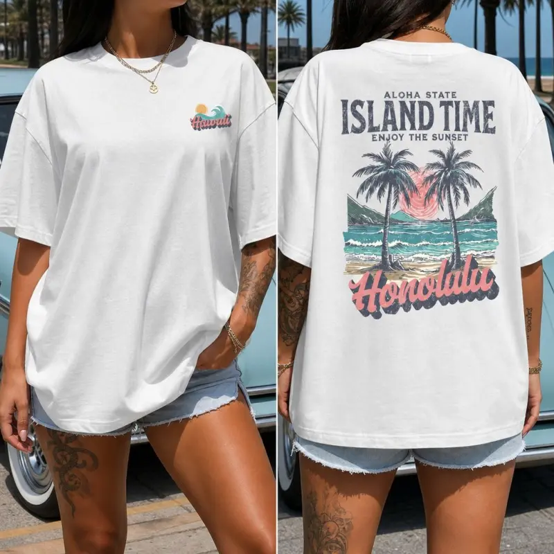 Women's Oversized Baggy Loose Island Graphic T-Shirt, Poly-Cotton Blend Summer Casual Short Sleeve Comfy Vintage Beach Vacation Tee, Casual Tee